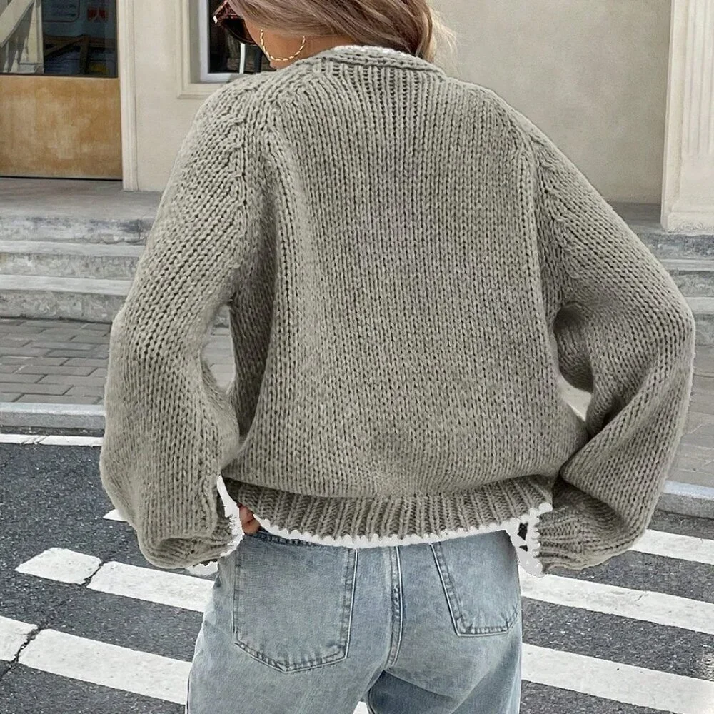 Grey Casual Women's Contrast Color Trim Knot V-Neck Long Sleeve Cardigan